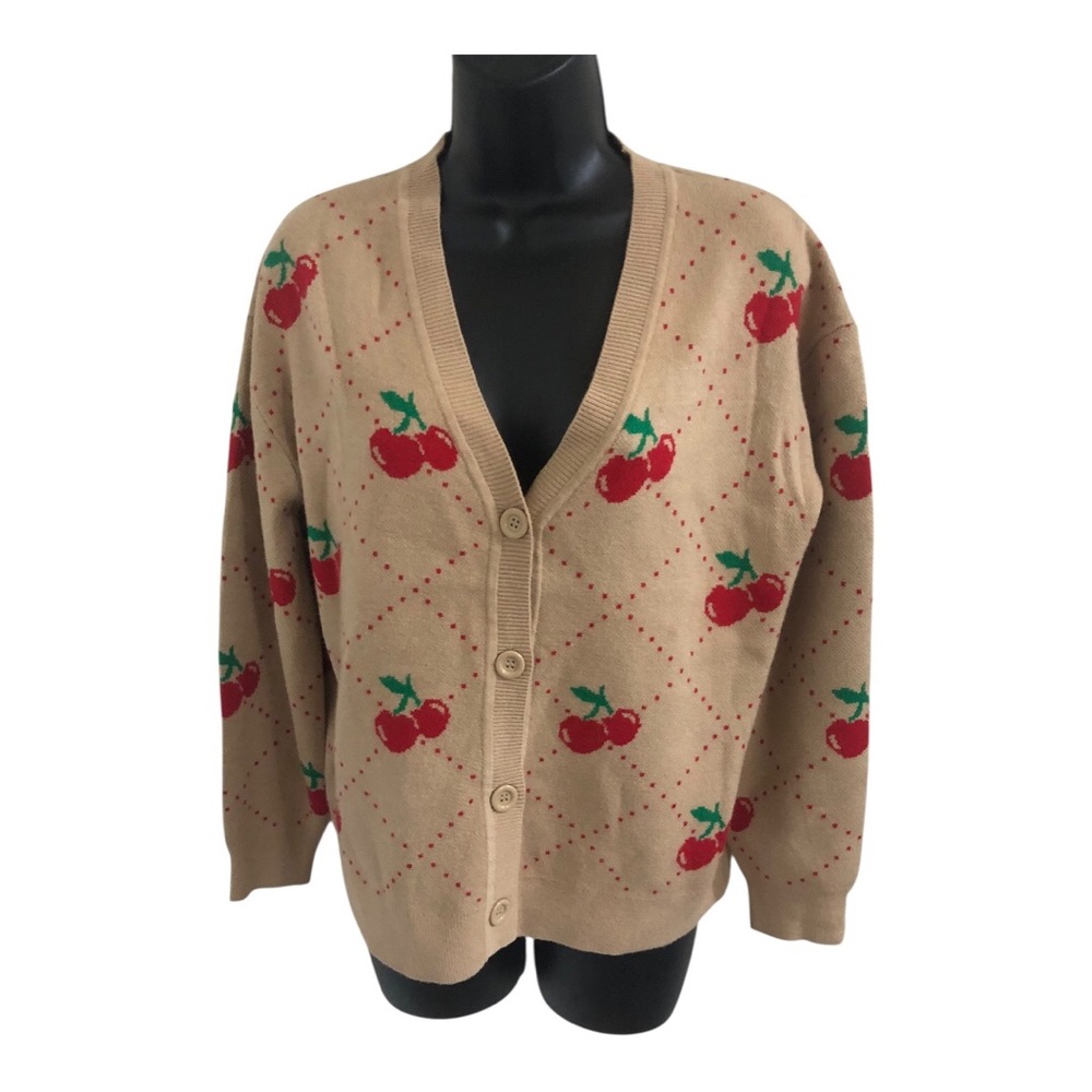 Tan cherry printed v-neck‎ slouchy Mr Rogers grandpa style cardigan size large